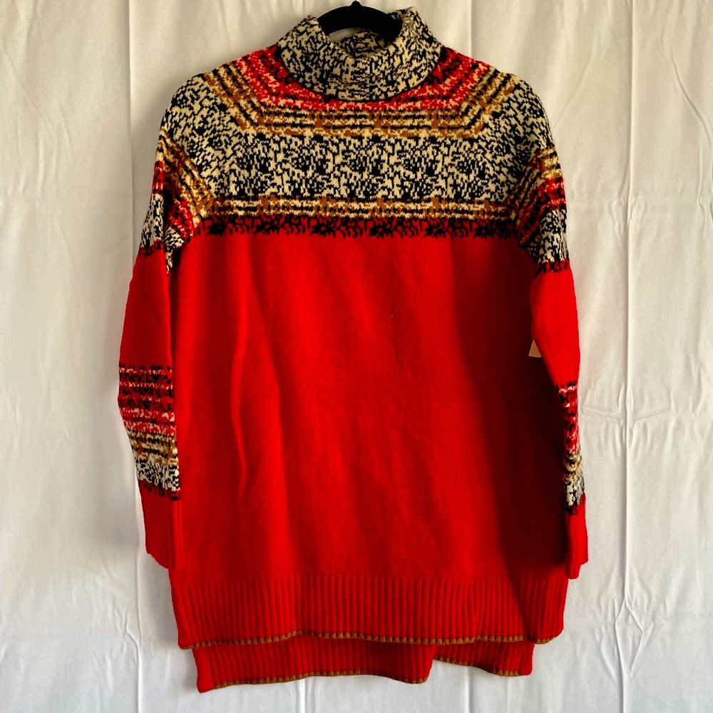 Anthropologie Moth Fair Isle Printed Red Tunic Sweater with Mockneck. Xs. NWT